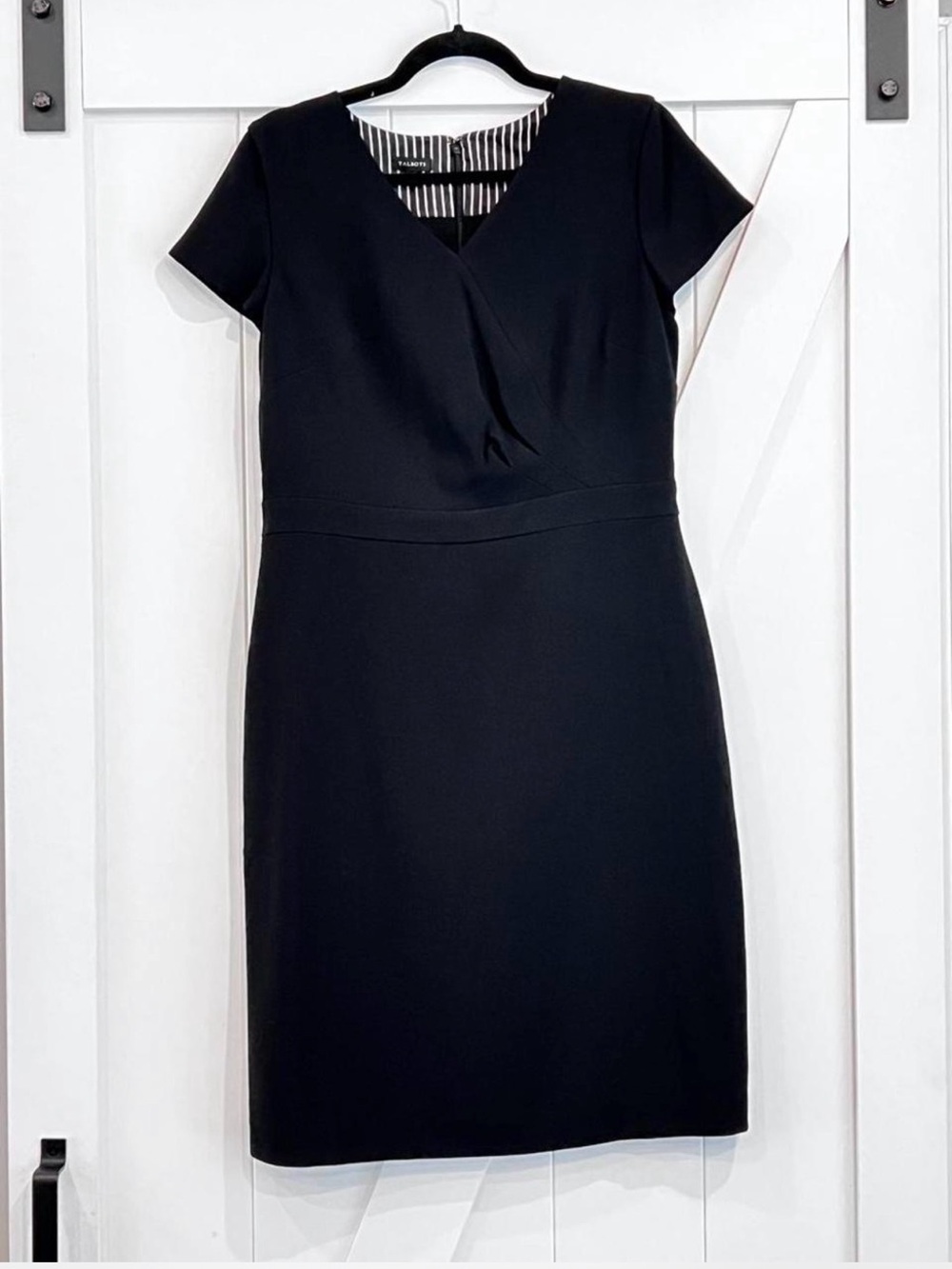Talbots Black Sheath Dress Womens Size 8 Faux Wrap V-Neck Career Office Cocktail